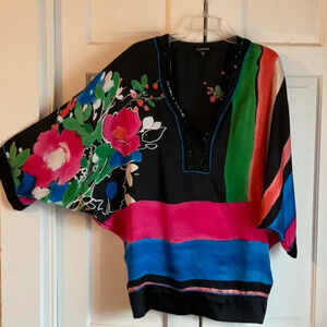 🌺 Bebe 100% Silk w/Beaded Embellishment Dolman Sleeve Kimono style Top 🌺